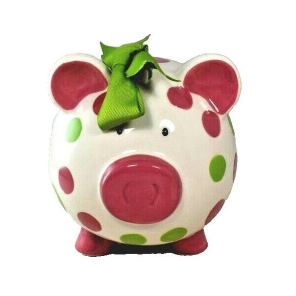 Burton + Burton Girls Pink and Green Polka Dot Piggy Bank with Bow Still Coin - Picture 2 of 6